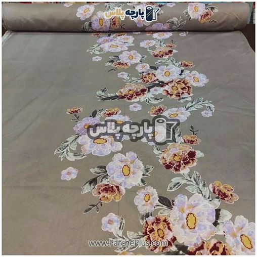 طاقه پارچه ملحفه ای پلی استر (پرنسس) گل دار با زمینه قهوه ای و گل قهوه ای و صورتی