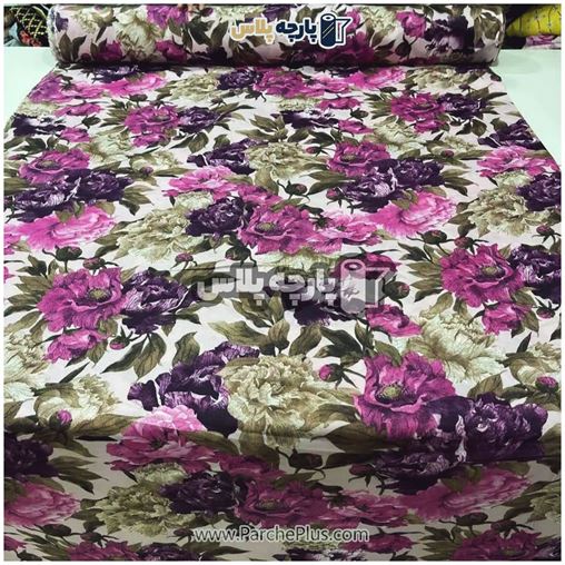 طاقه پارچه ملحفه ای پلی استر (پرنسس) گل دار با گل صورتی و بنفش و قهوه ای و  زمینه سفید