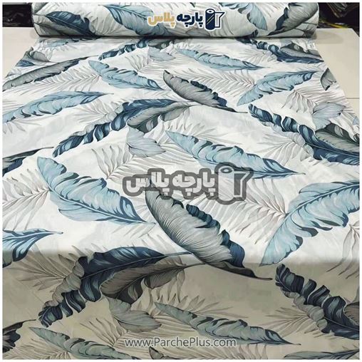 طاقه پارچه ملحفه ای پلی استر (پرنسس) طرح برگ با زمینه سفید و برگ آبی و طوسی